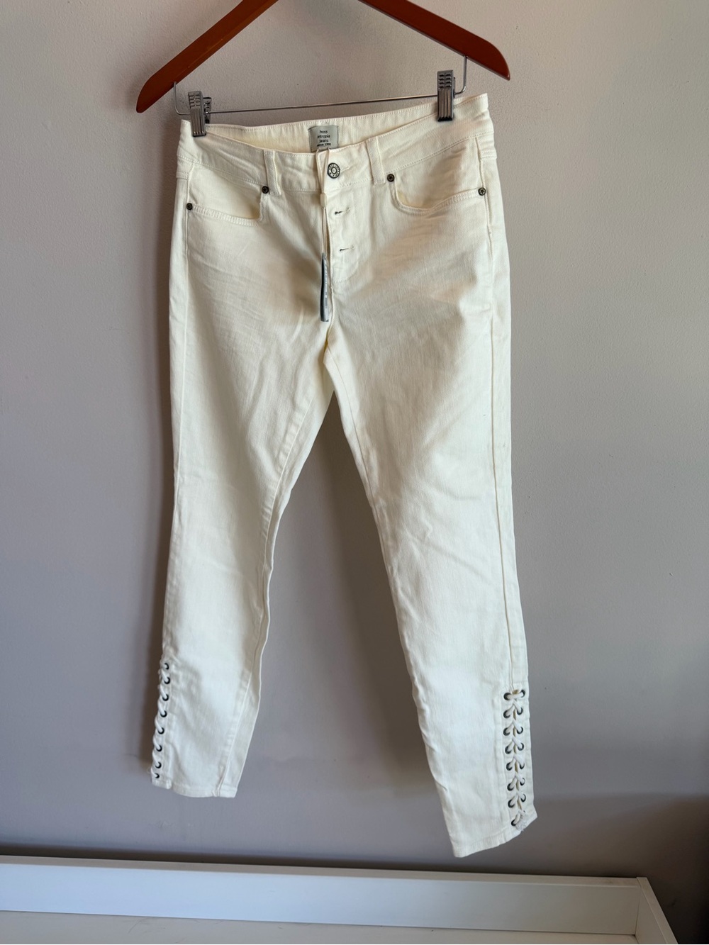 Hoss Intropia Ivory Lace Up Ankle Skinny Jeans Marfil Button Fly Size 6 NEW